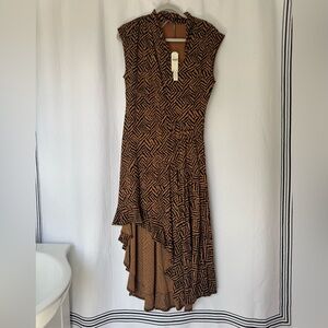 By Anthropologie Black and Brown Patterned Asymmetric Hem Dress